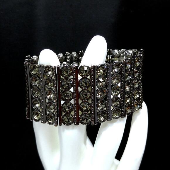 Wide Gunmetal Gray & Gray Rhinestones Stretch Bracelet, 7 1/2 Inches - Picture 3 of 8